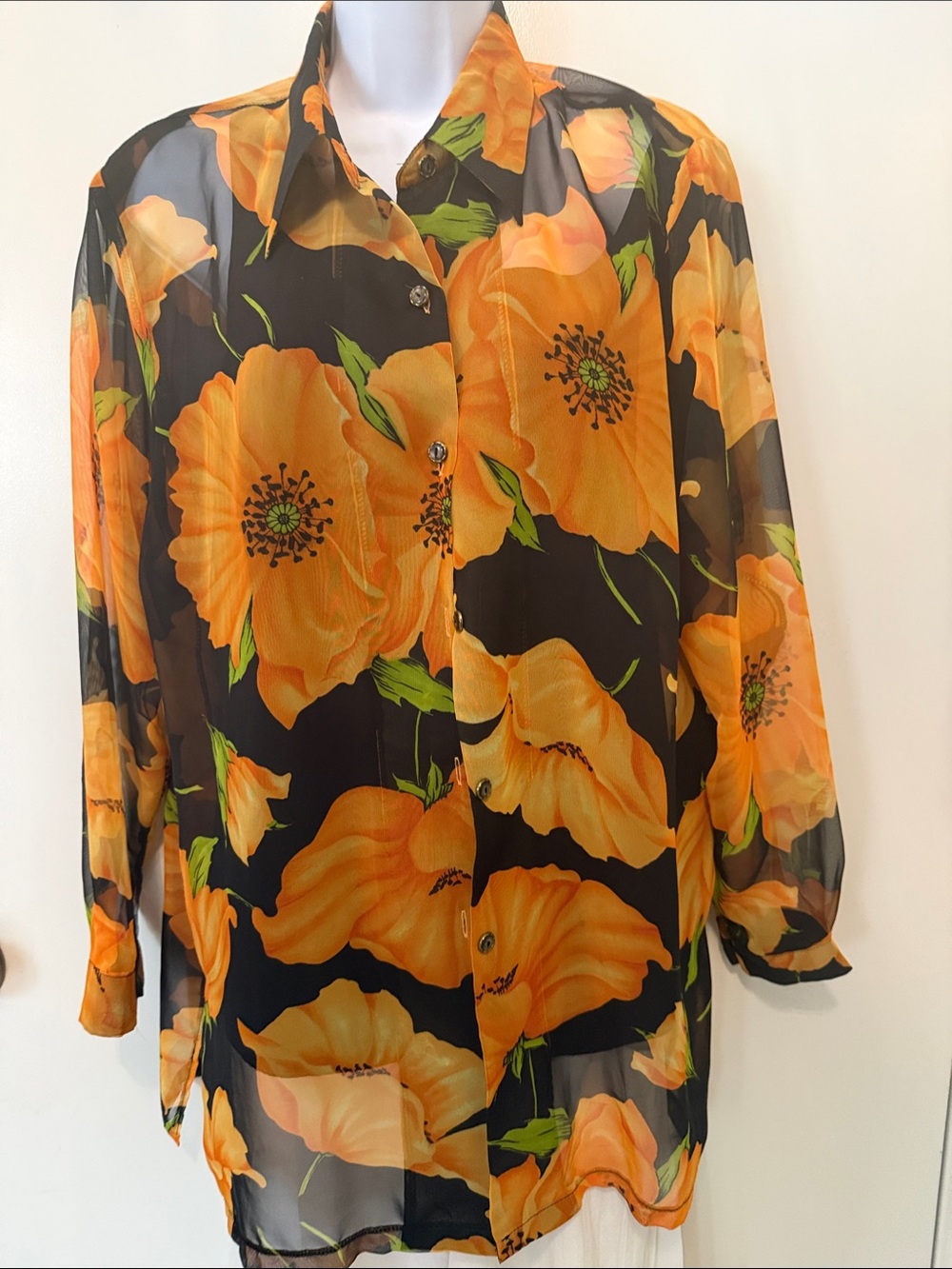 Sheer Floral Button-Up Blouse - Orange on Black